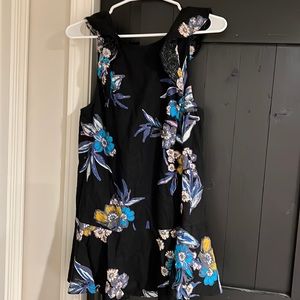 Free people linen black floral mini dress with tie back closure size small